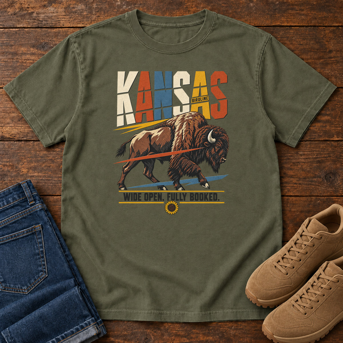 Kansas Wide Open Fully Booked Bison T-Shirt in Sage