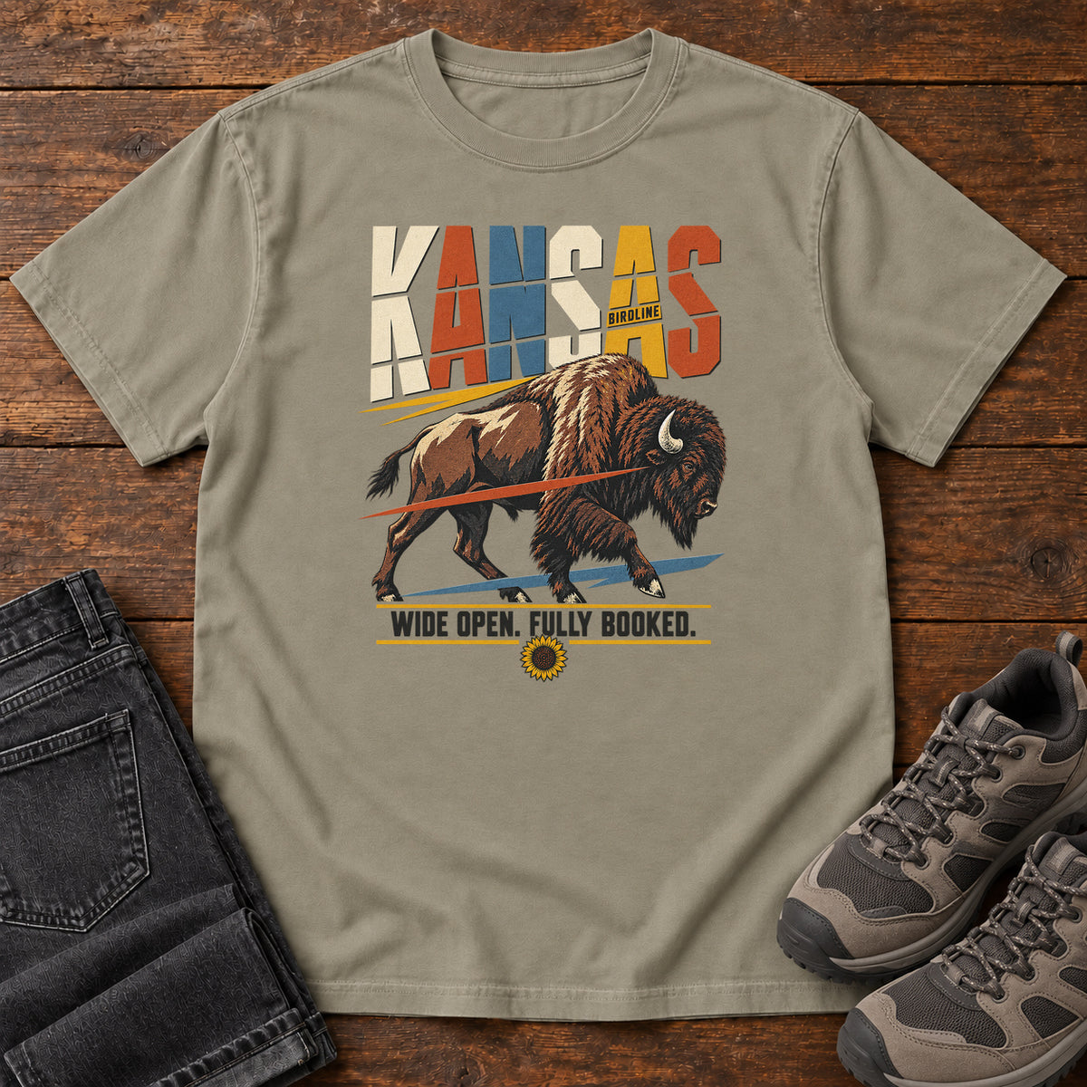 Kansas Wide Open Fully Booked Bison T-Shirt in Sandstone