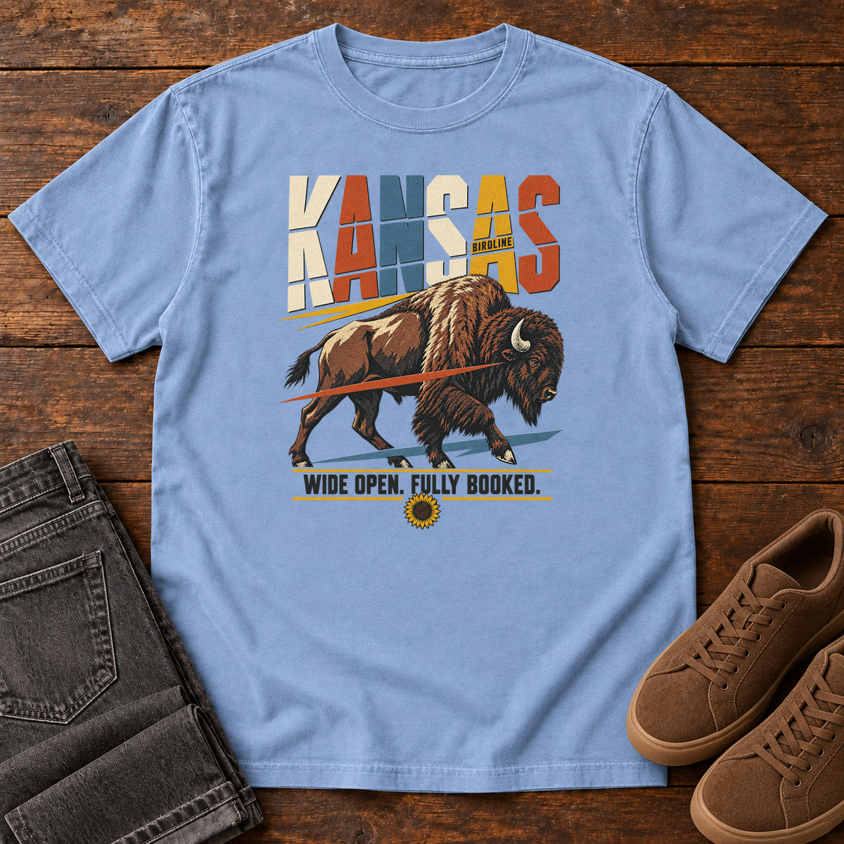 Kansas Wide Open Fully Booked Bison T-Shirt in Washed Denim