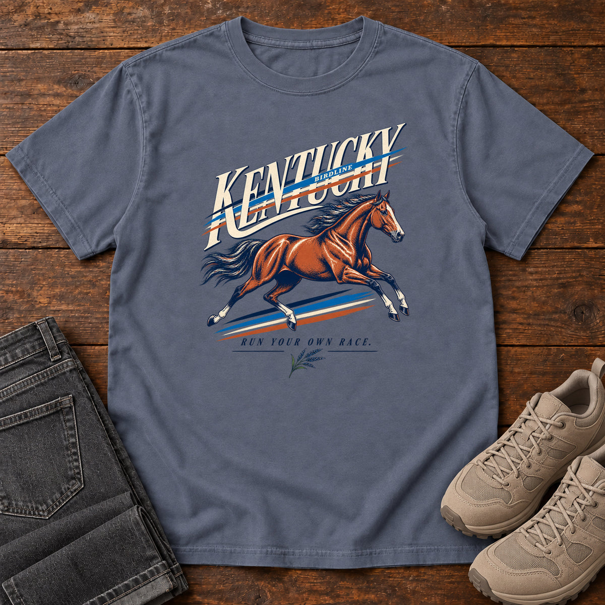 Kentucky Run Your Own Race Horse T-Shirt in Denim