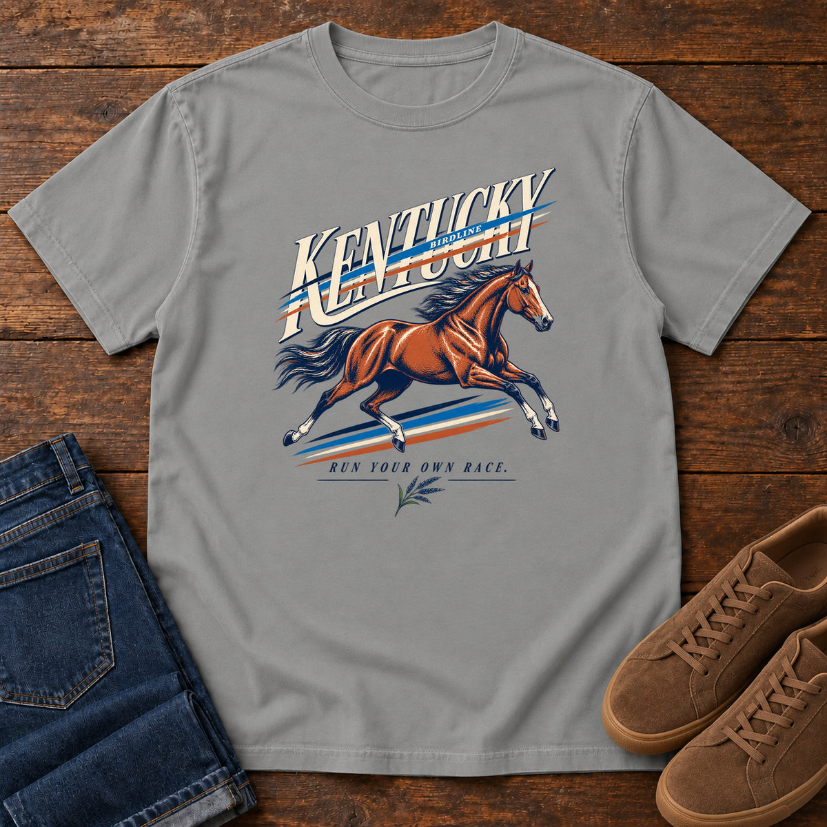 Kentucky Run Your Own Race Horse T-Shirt in Grey