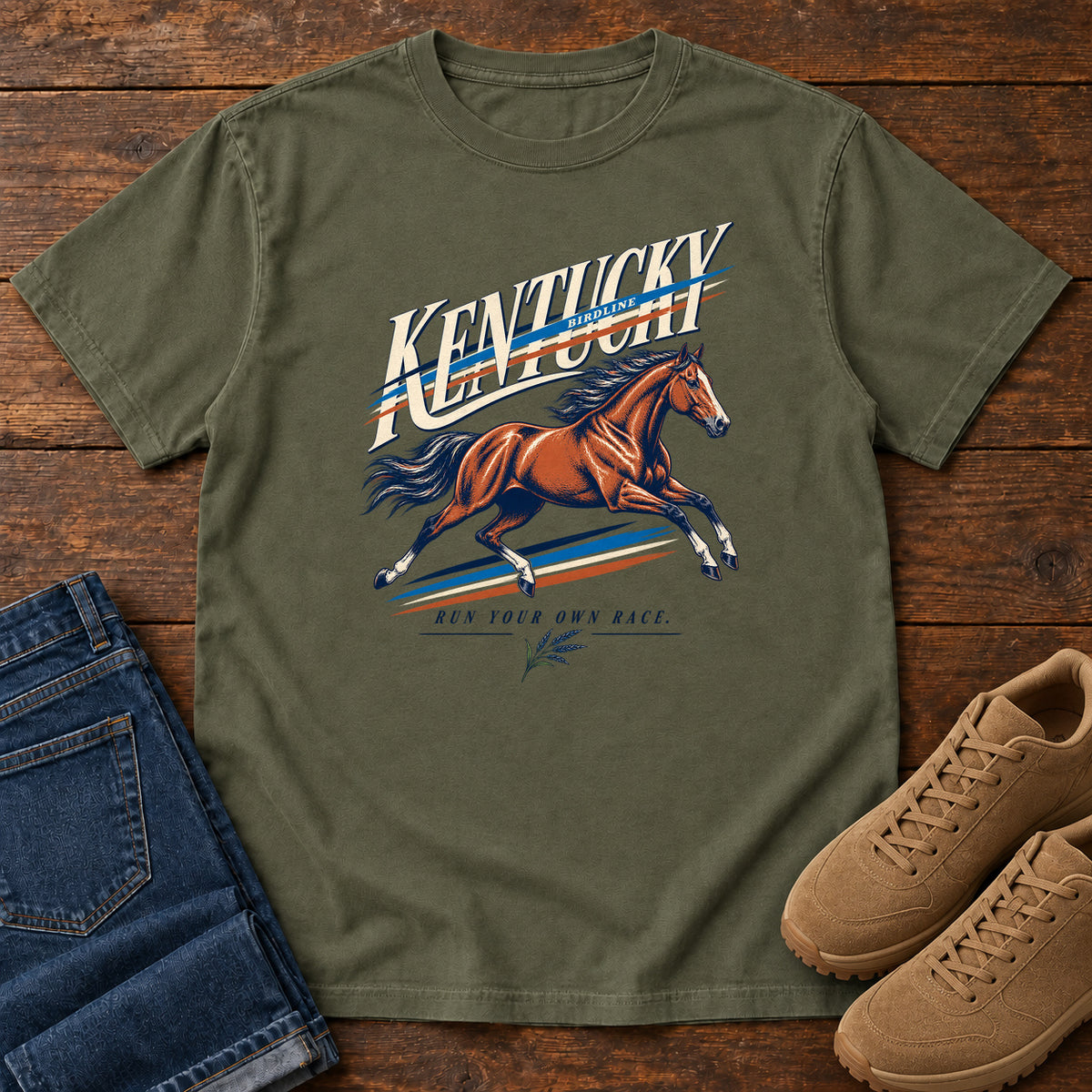 Kentucky Run Your Own Race Horse T-Shirt in Sage