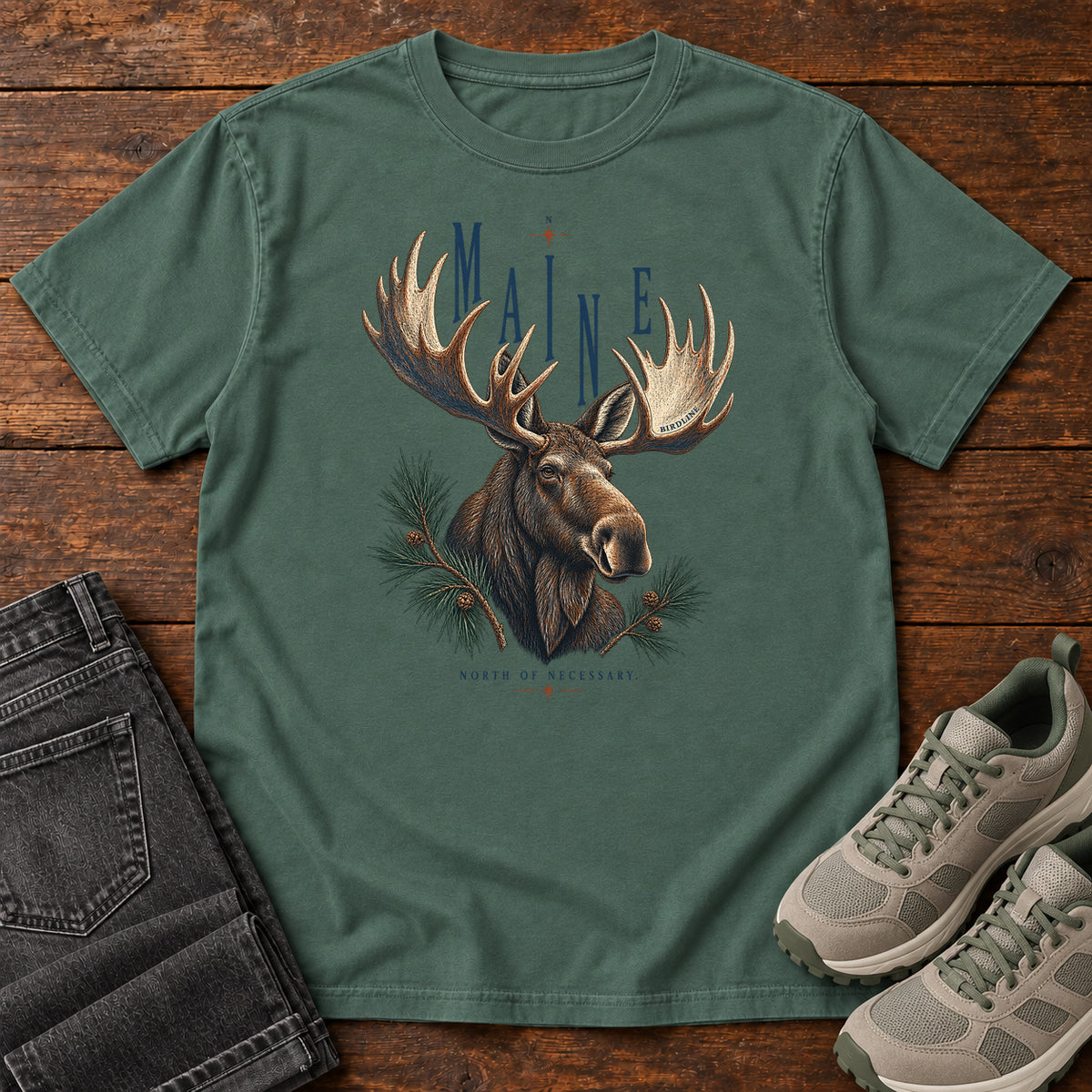 Maine North of Necessary Moose T-Shirt in Blue Spruce