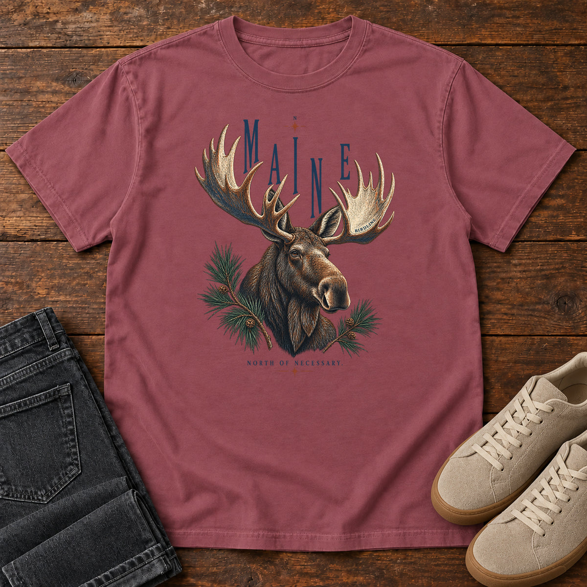 Maine North of Necessary Moose T-Shirt in Brick