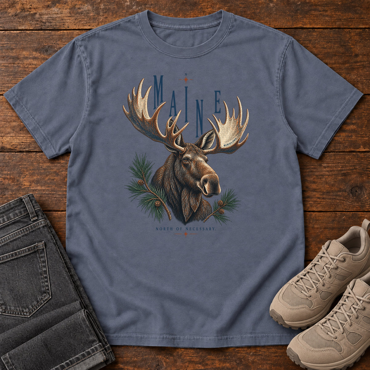 Maine North of Necessary Moose T-Shirt in Denim