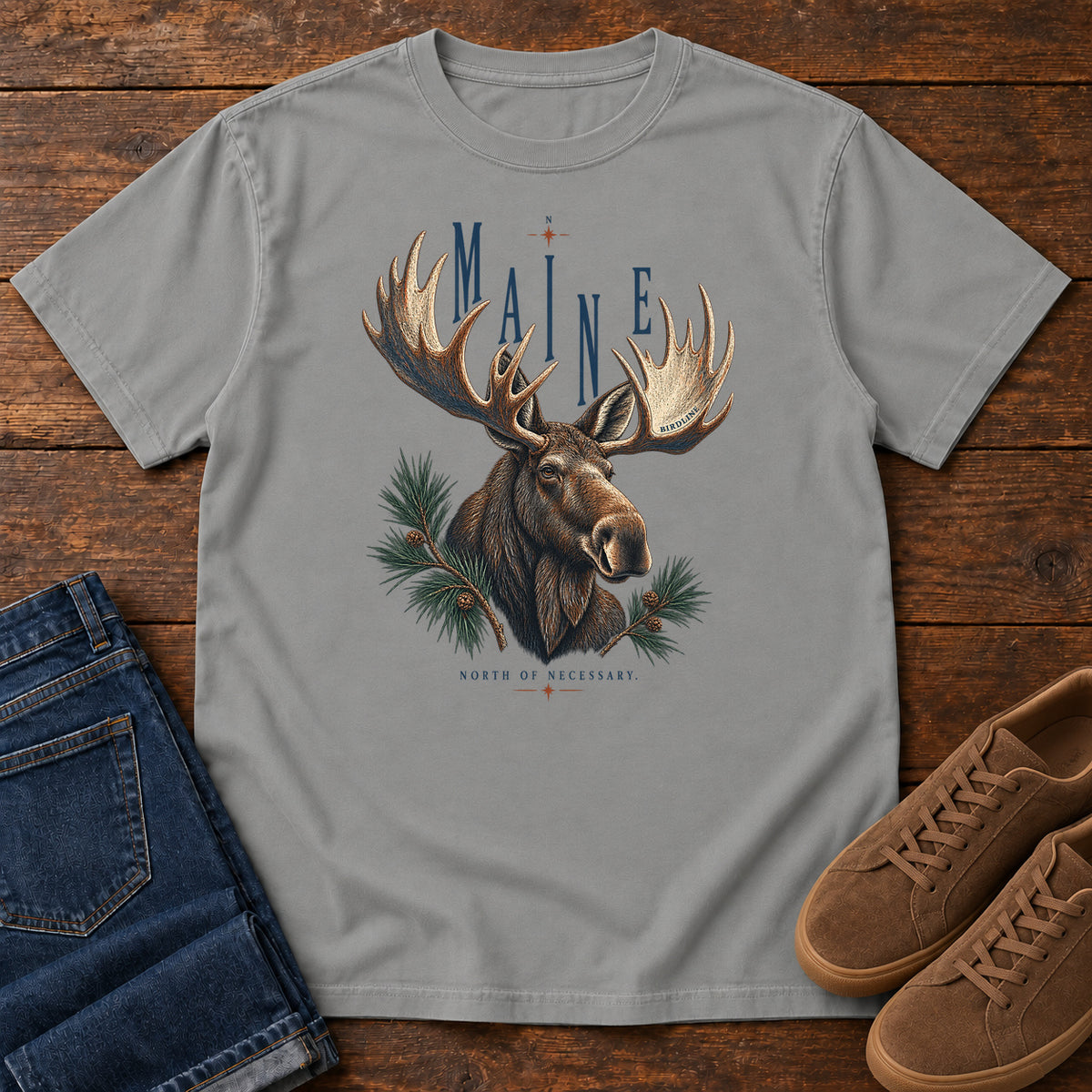 Maine North of Necessary Moose T-Shirt in Grey