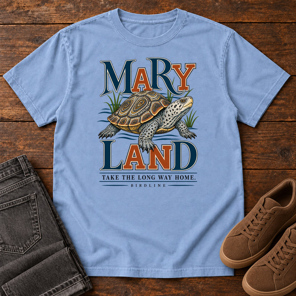Maryland Take the Long Way Home Turtle T-Shirt in Washed Denim