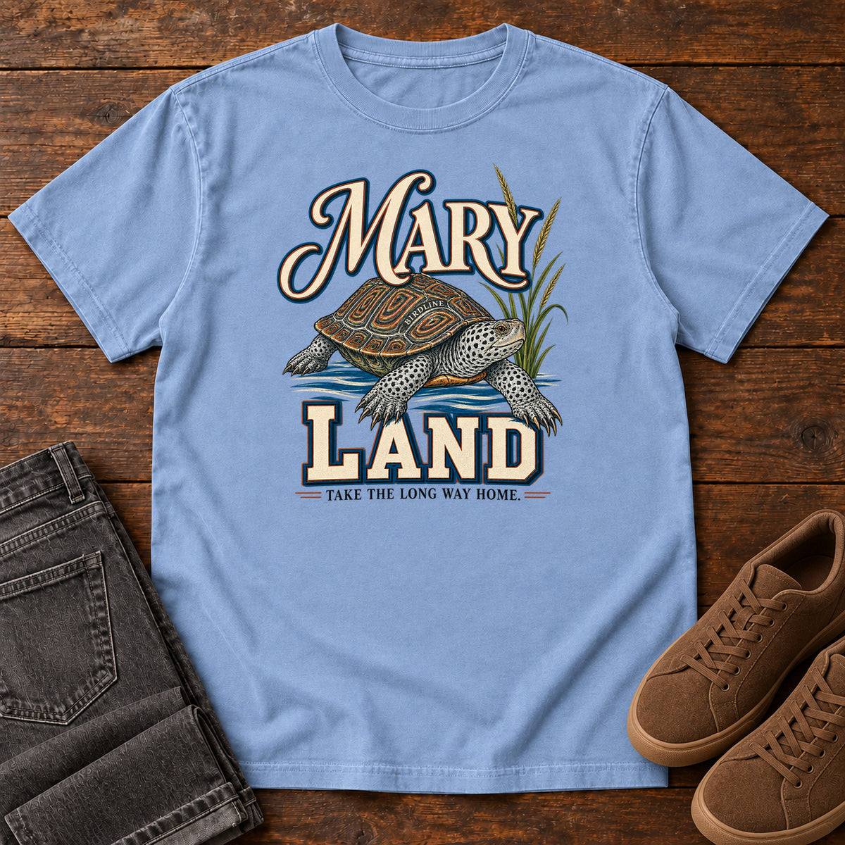 Maryland Take the Long Way Home Turtle Variant T-Shirt in Washed Denim