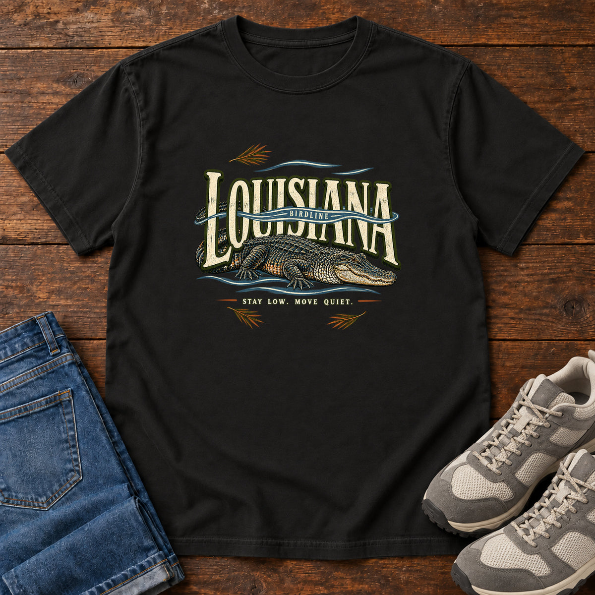 Louisiana Stay Low Move Quiet Alligator T-Shirt in Black