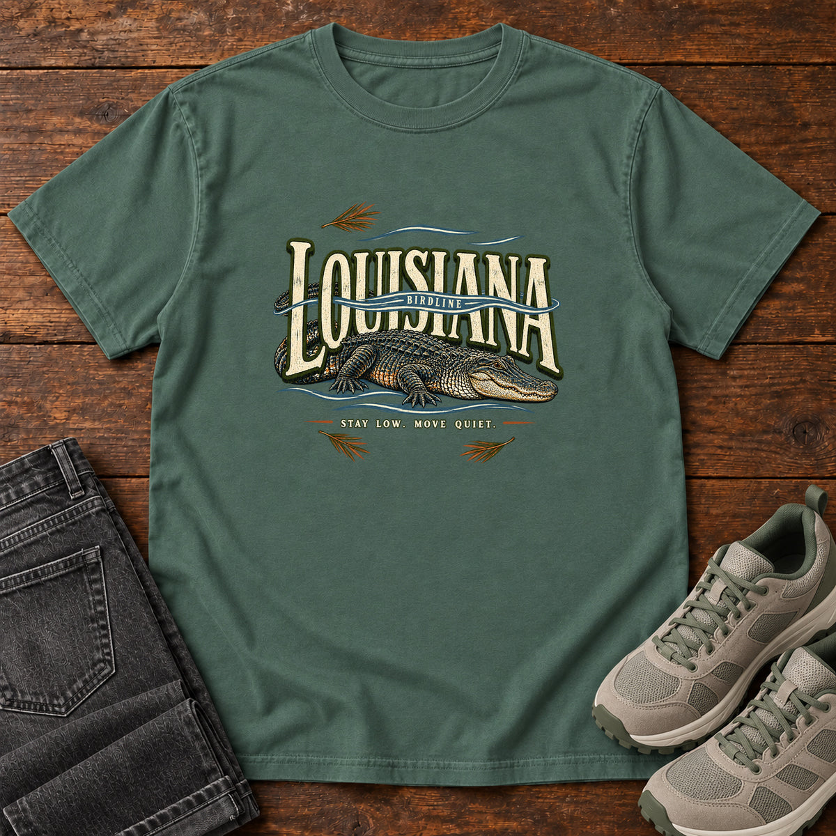 Louisiana Stay Low Move Quiet Alligator T-Shirt in Blue Spruce