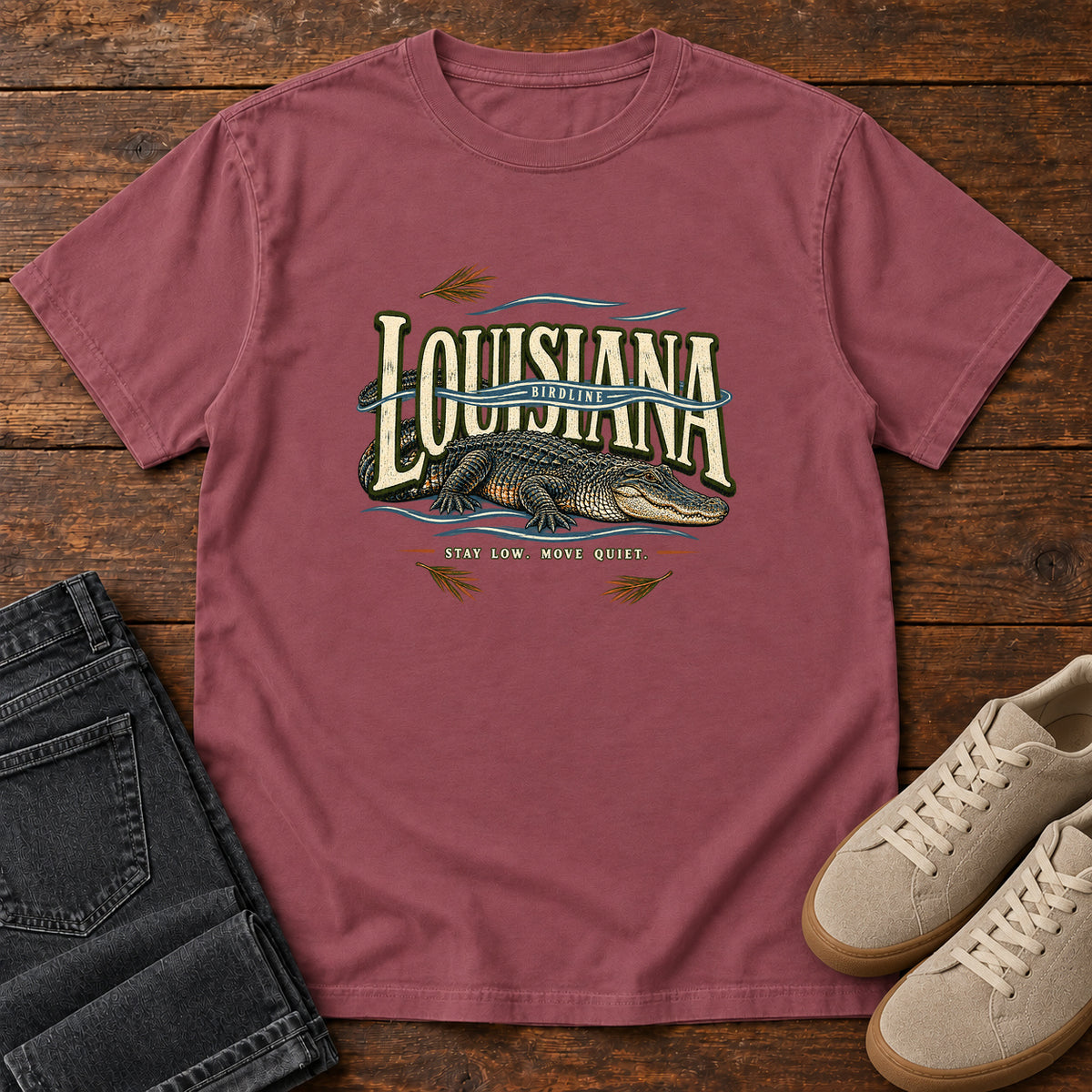 Louisiana Stay Low Move Quiet Alligator T-Shirt in Brick