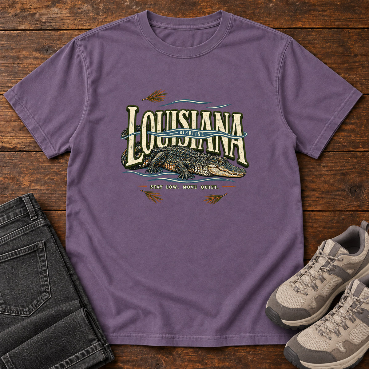 Louisiana Stay Low Move Quiet Alligator T-Shirt in Grape