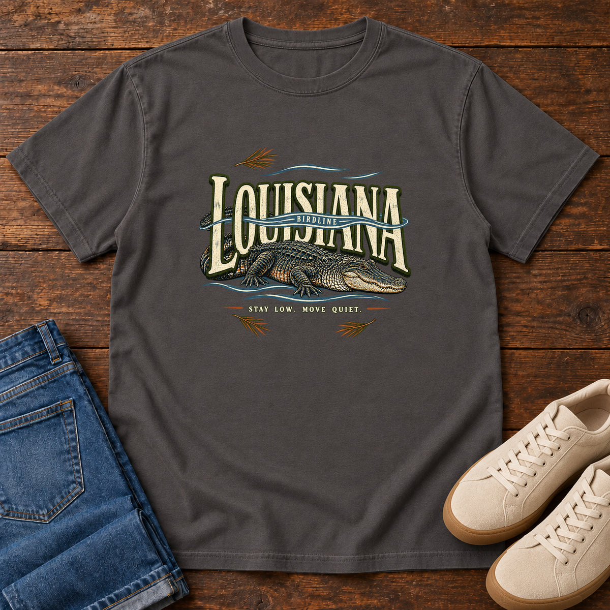 Louisiana Stay Low Move Quiet Alligator T-Shirt in Graphite