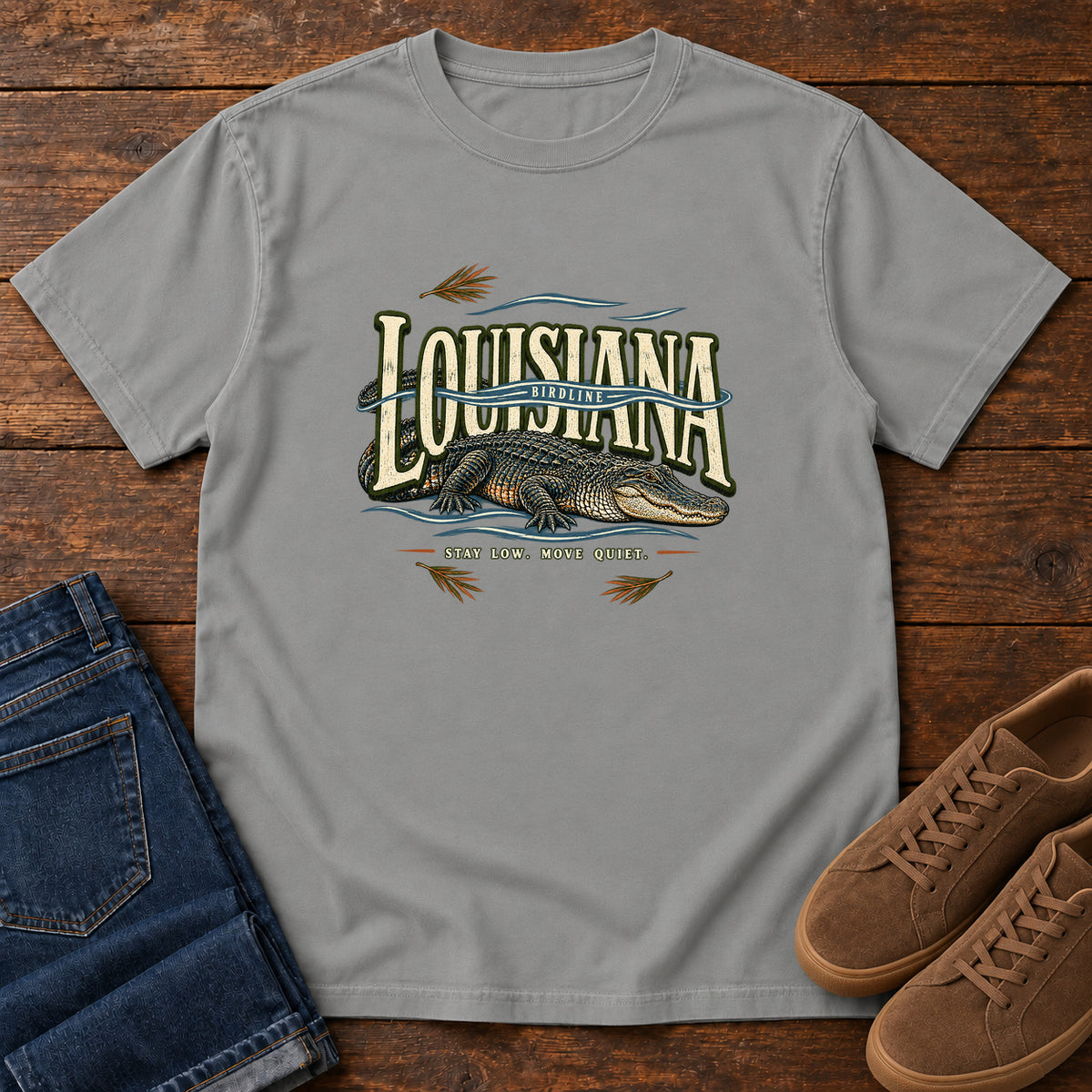 Louisiana Stay Low Move Quiet Alligator T-Shirt in Grey