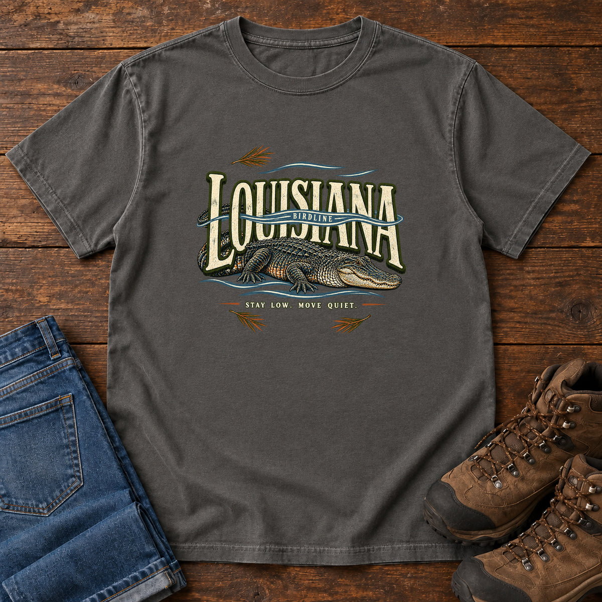 Louisiana Stay Low Move Quiet Alligator T-Shirt in Pepper