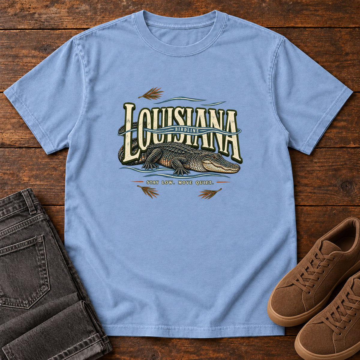 Louisiana Stay Low Move Quiet Alligator T-Shirt in Washed Denim