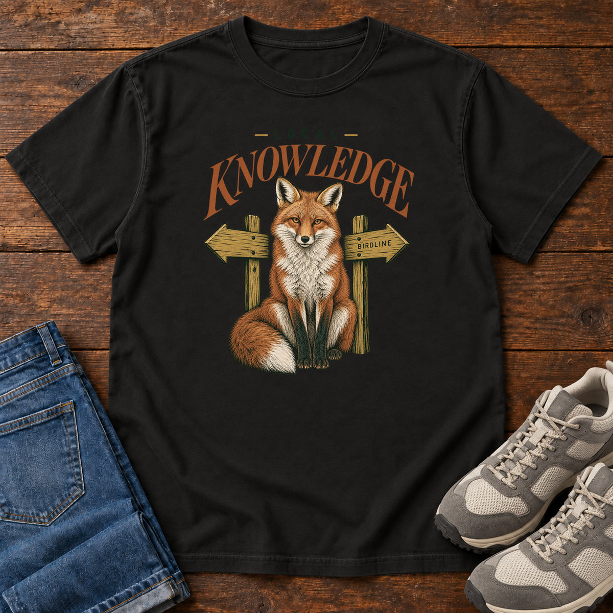 Black Local Knowledge T-Shirt with a seated fox between wooden direction signs beneath Local Knowledge lettering; front flat lay on wood.