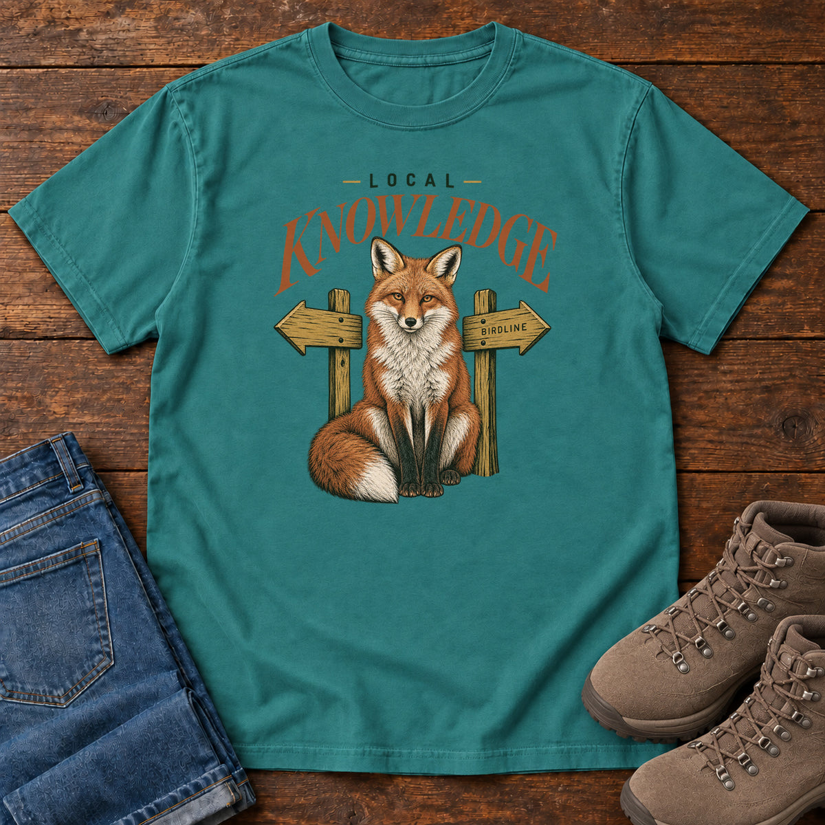 Emerald Local Knowledge T-Shirt with a seated fox between wooden direction signs beneath Local Knowledge lettering; front flat lay on wood.