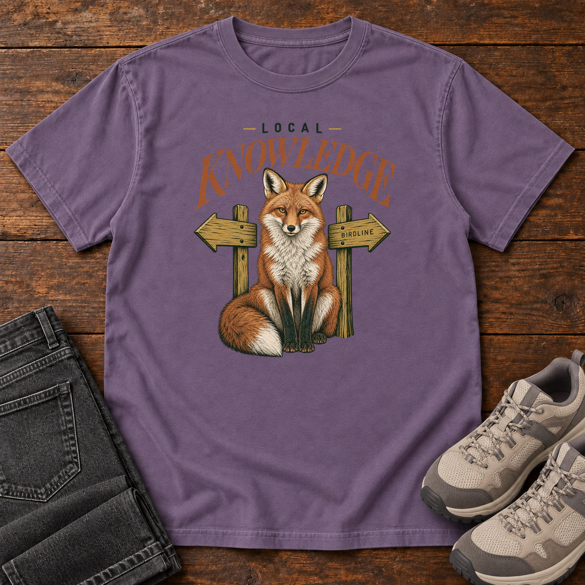 Grape Local Knowledge T-Shirt with a seated fox between wooden direction signs beneath Local Knowledge lettering; front flat lay on wood.