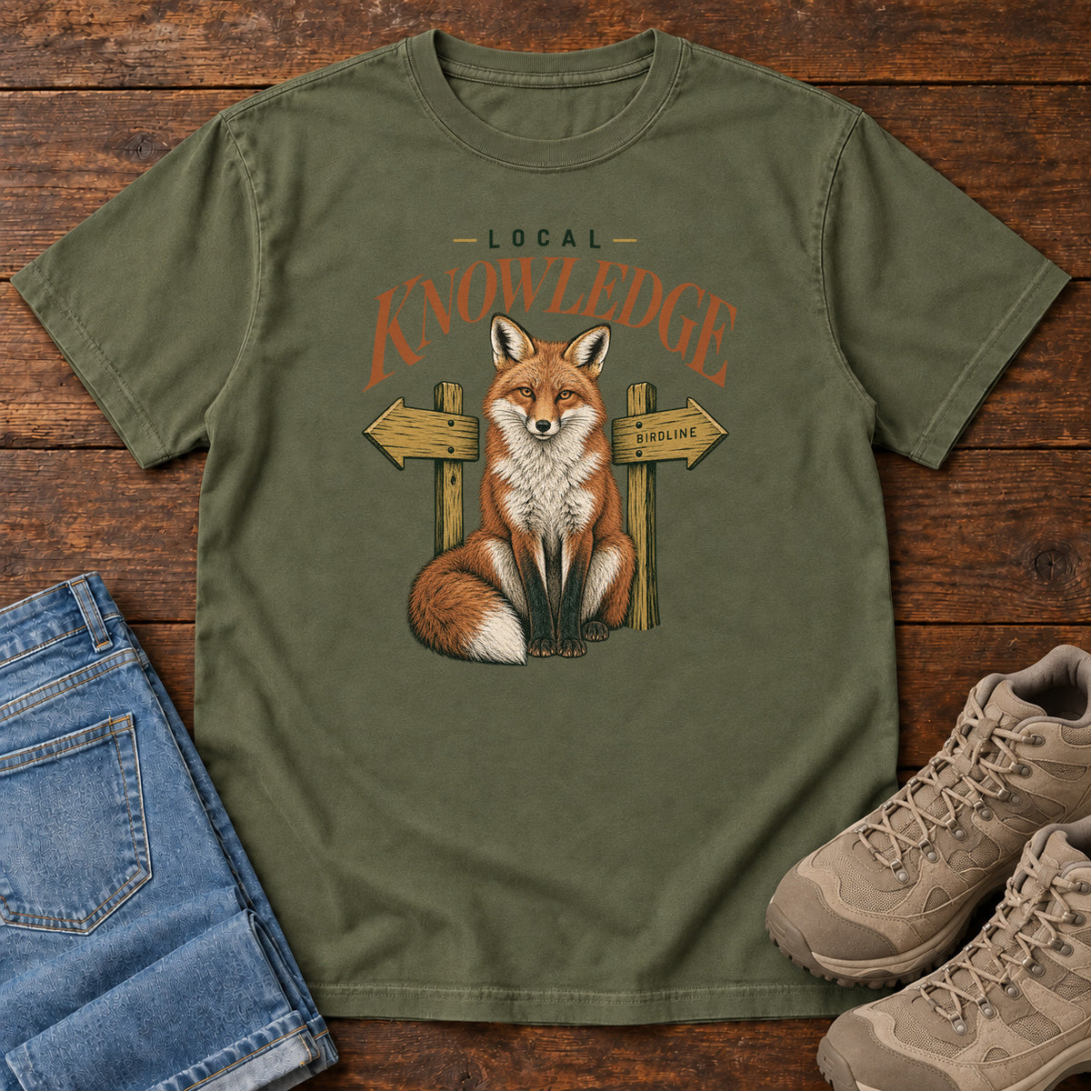 Hemp Local Knowledge T-Shirt with a seated fox between wooden direction signs beneath Local Knowledge lettering; front flat lay on wood.