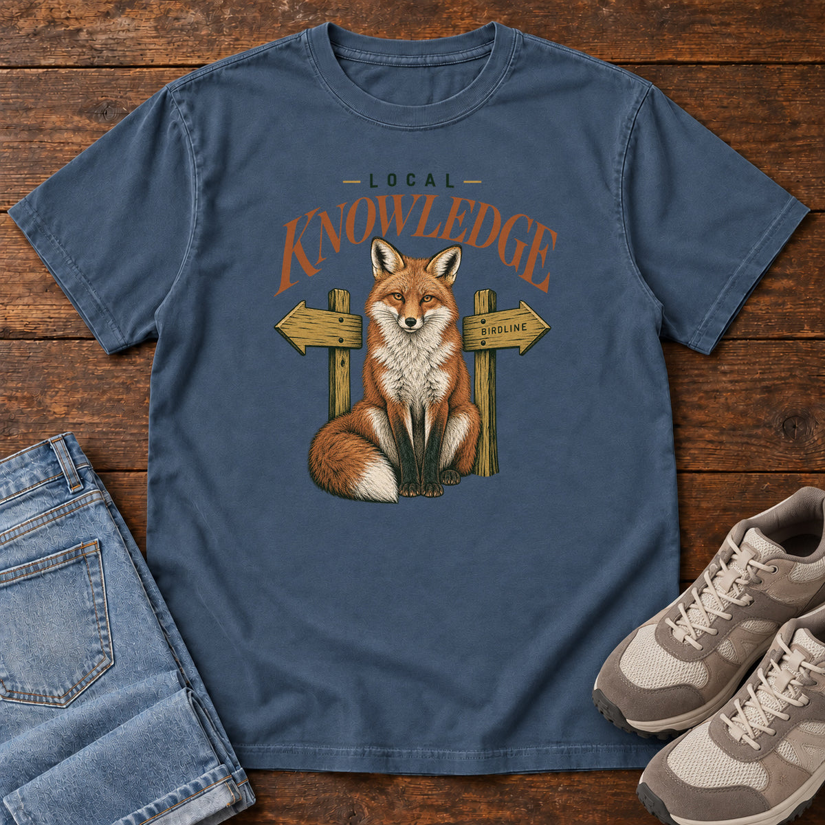 Midnight Local Knowledge T-Shirt with a seated fox between wooden direction signs beneath Local Knowledge lettering; front flat lay on wood.
