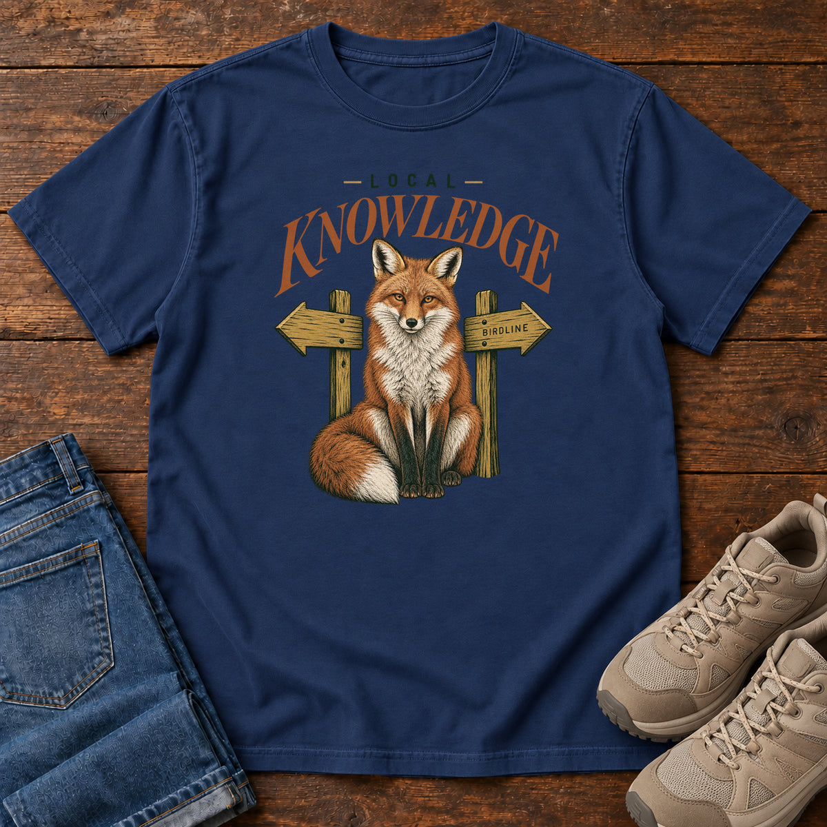 True Navy Local Knowledge T-Shirt with a seated fox between wooden direction signs beneath Local Knowledge lettering; front flat lay on wood.