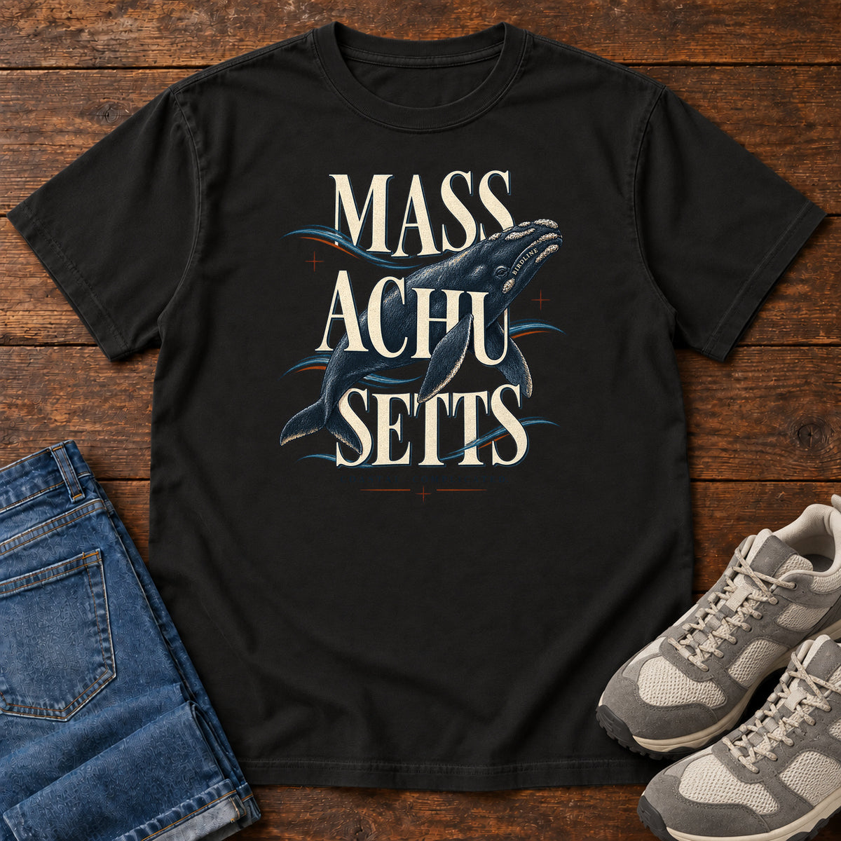 Massachusetts Coastal Complicated Whale T-Shirt in Black