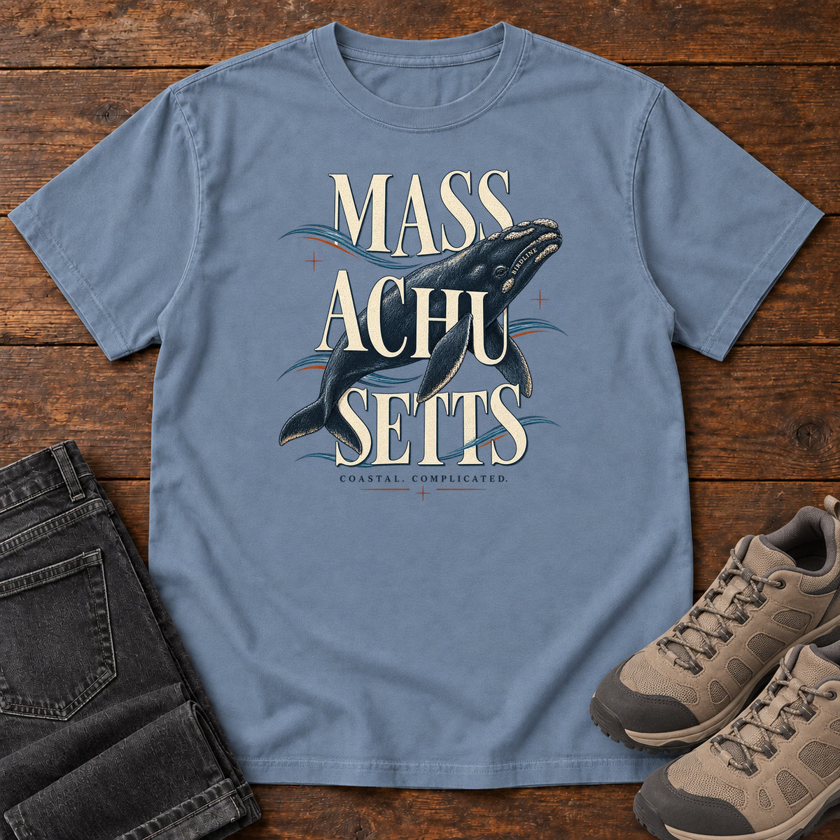 Massachusetts Coastal Complicated Whale T-Shirt in Blue Jean