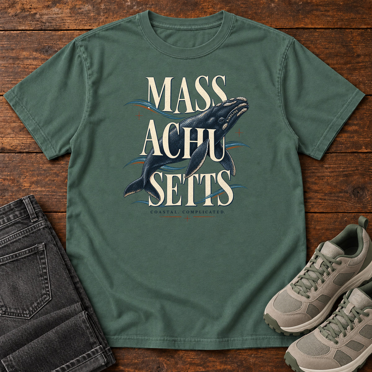 Massachusetts Coastal Complicated Whale T-Shirt in Blue Spruce