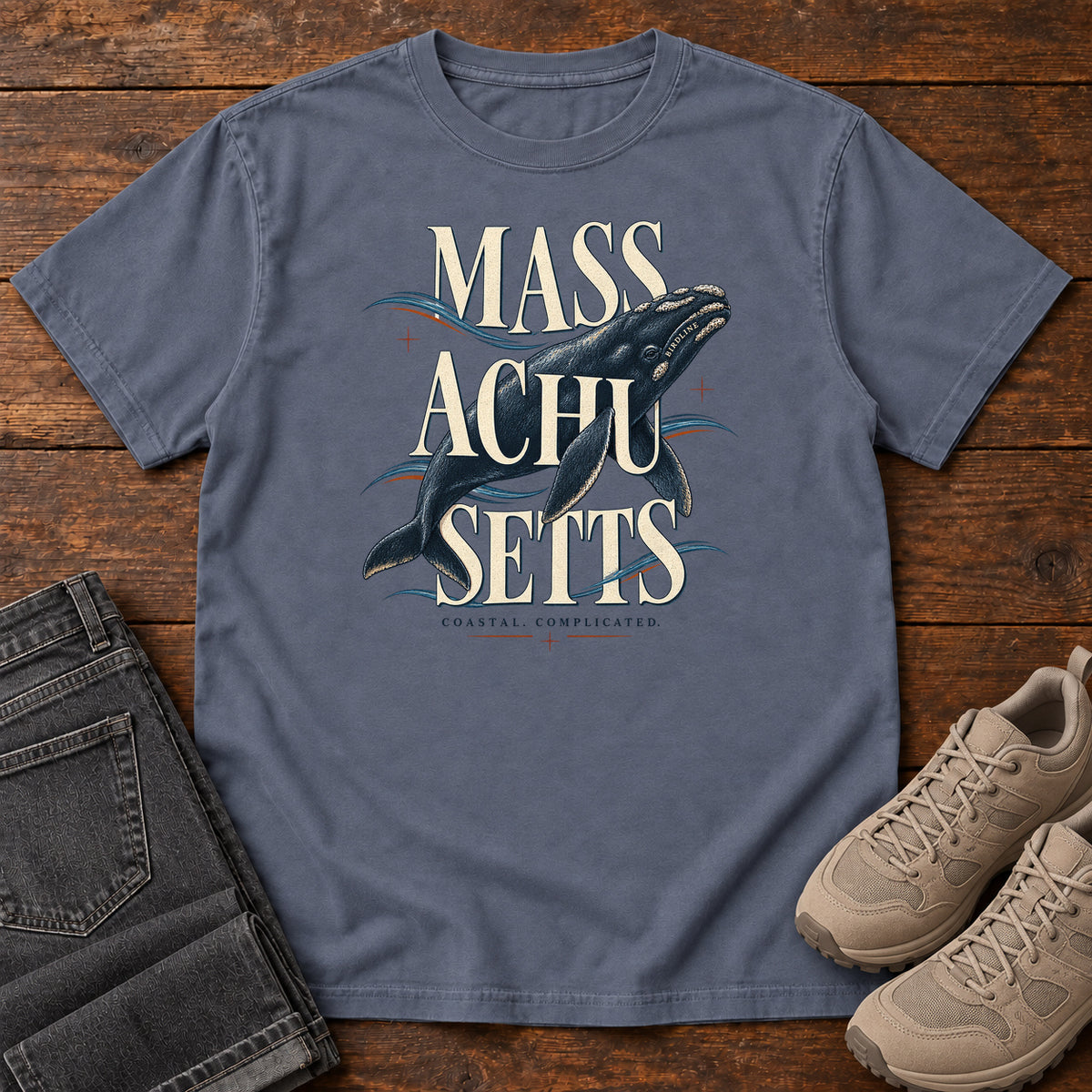 Massachusetts Coastal Complicated Whale T-Shirt in Denim