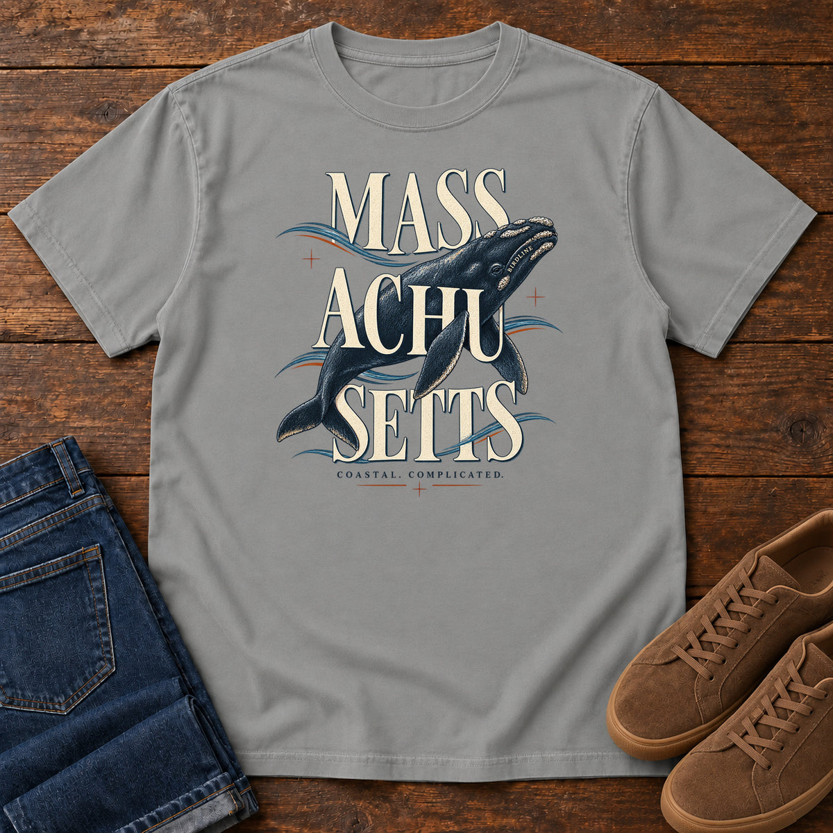 Massachusetts Coastal Complicated Whale T-Shirt in Grey
