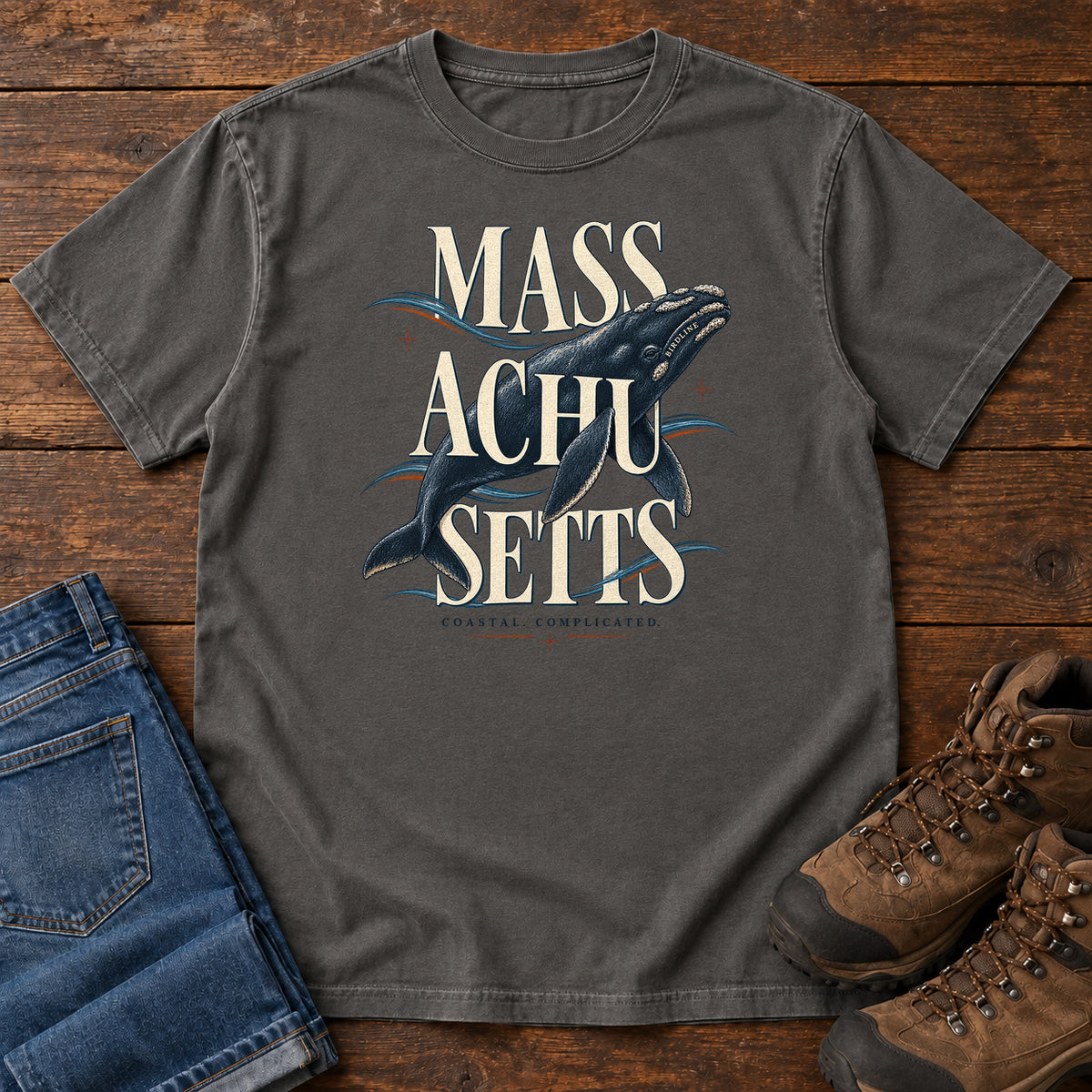 Massachusetts Coastal Complicated Whale T-Shirt in Pepper