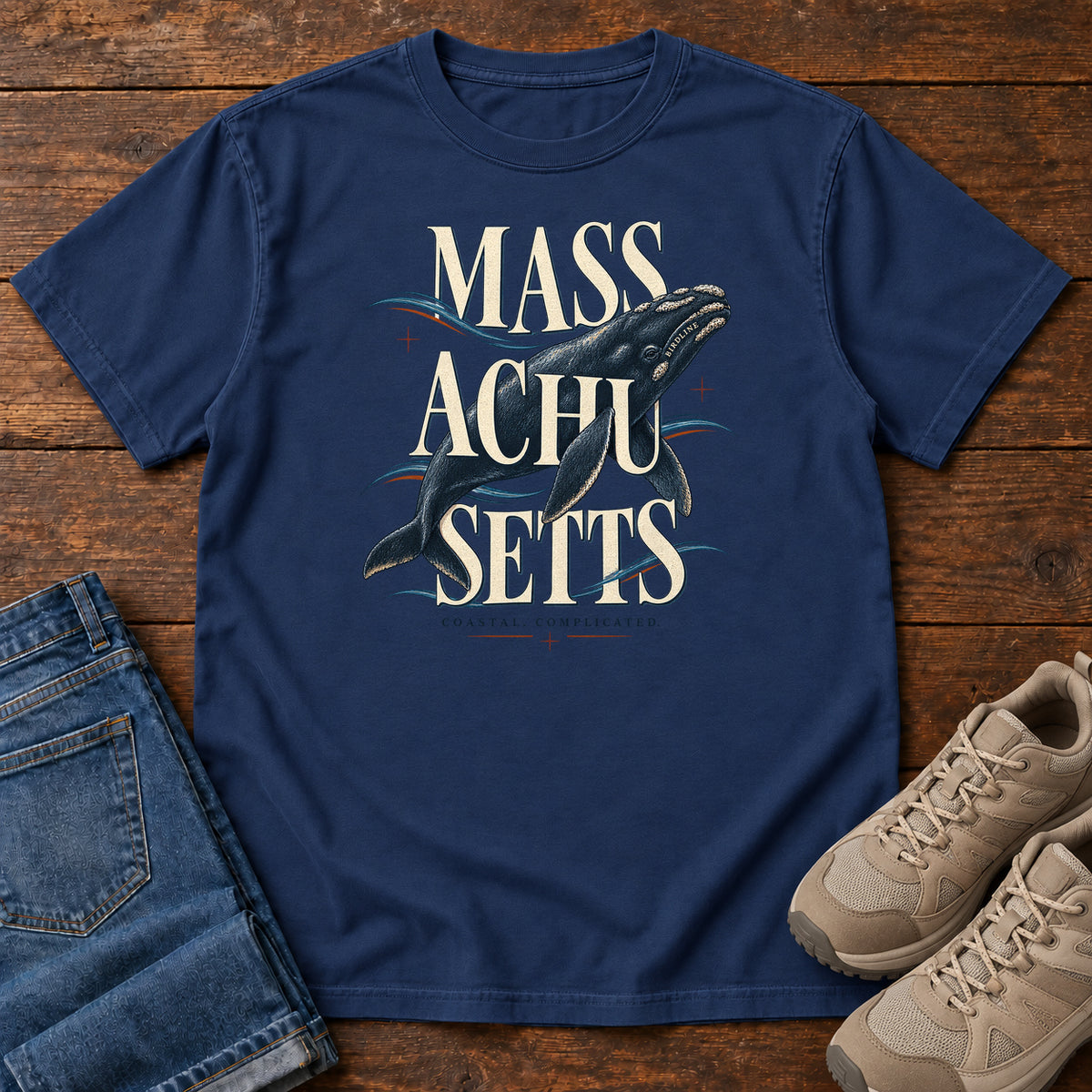 Massachusetts Coastal Complicated Whale T-Shirt in True Navy