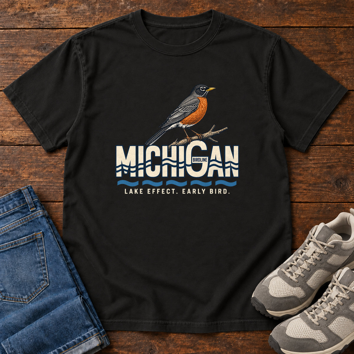 Michigan Lake Effect Early Bird Robin T-Shirt in Black