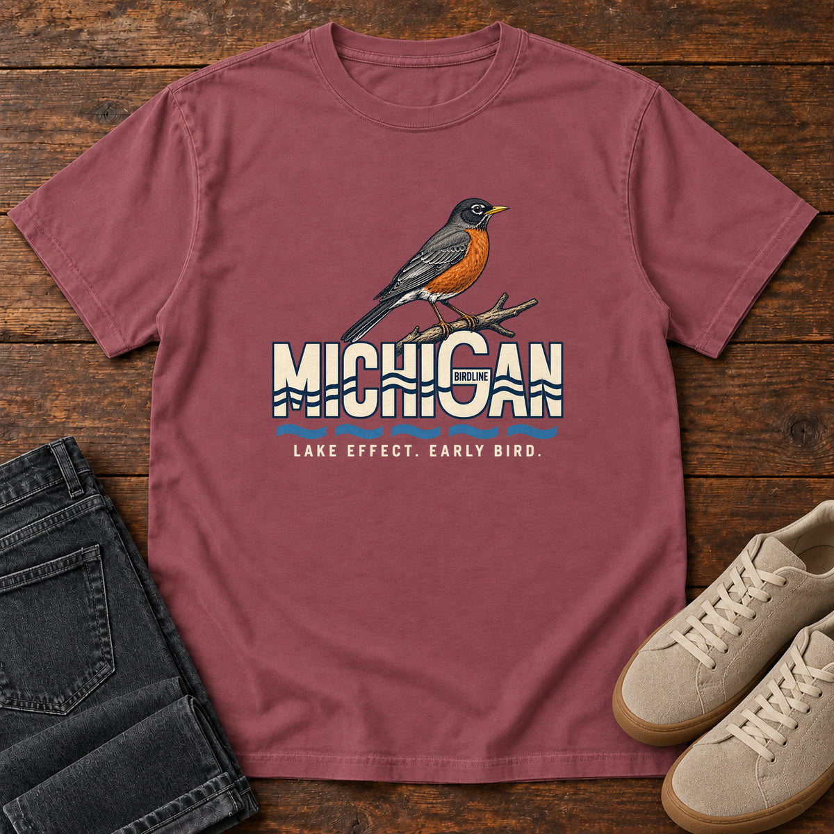 Michigan Lake Effect Early Bird Robin T-Shirt in Brick