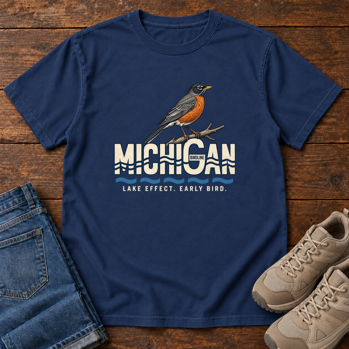 Michigan Lake Effect Early Bird Robin T-Shirt in True Navy