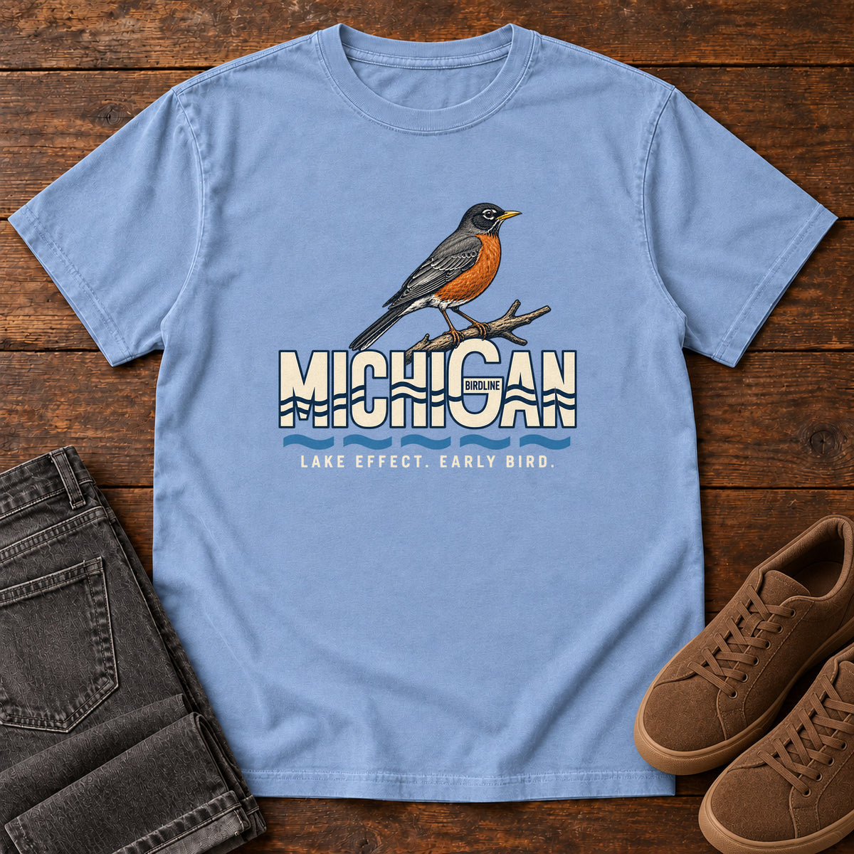 Michigan Lake Effect Early Bird Robin T-Shirt in Washed Denim