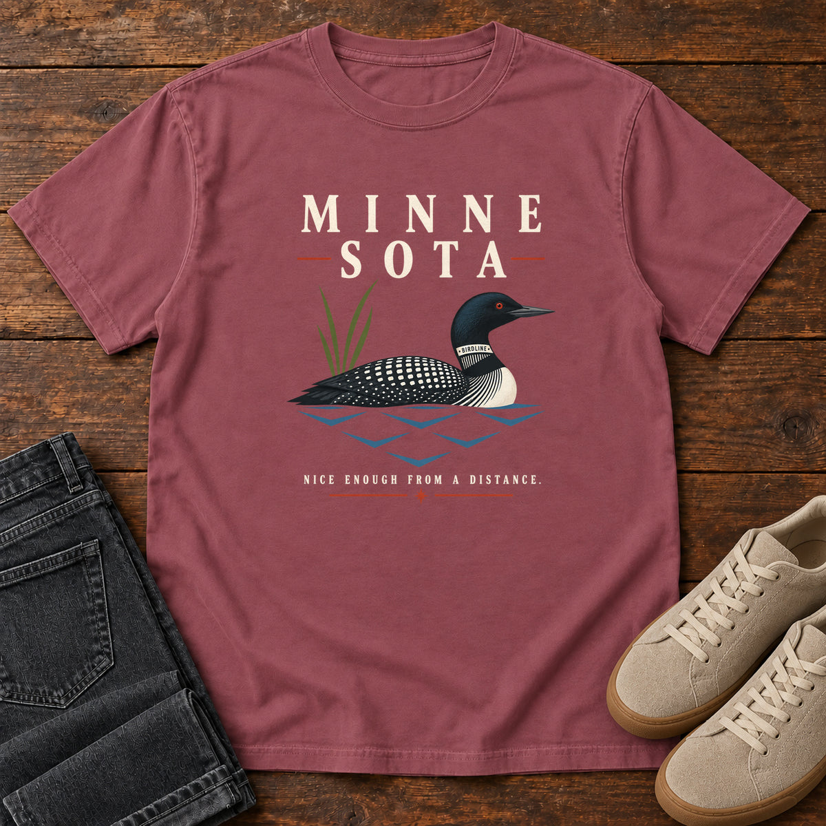 Minnesota Nice Enough from a Distance Loon T-Shirt in Brick
