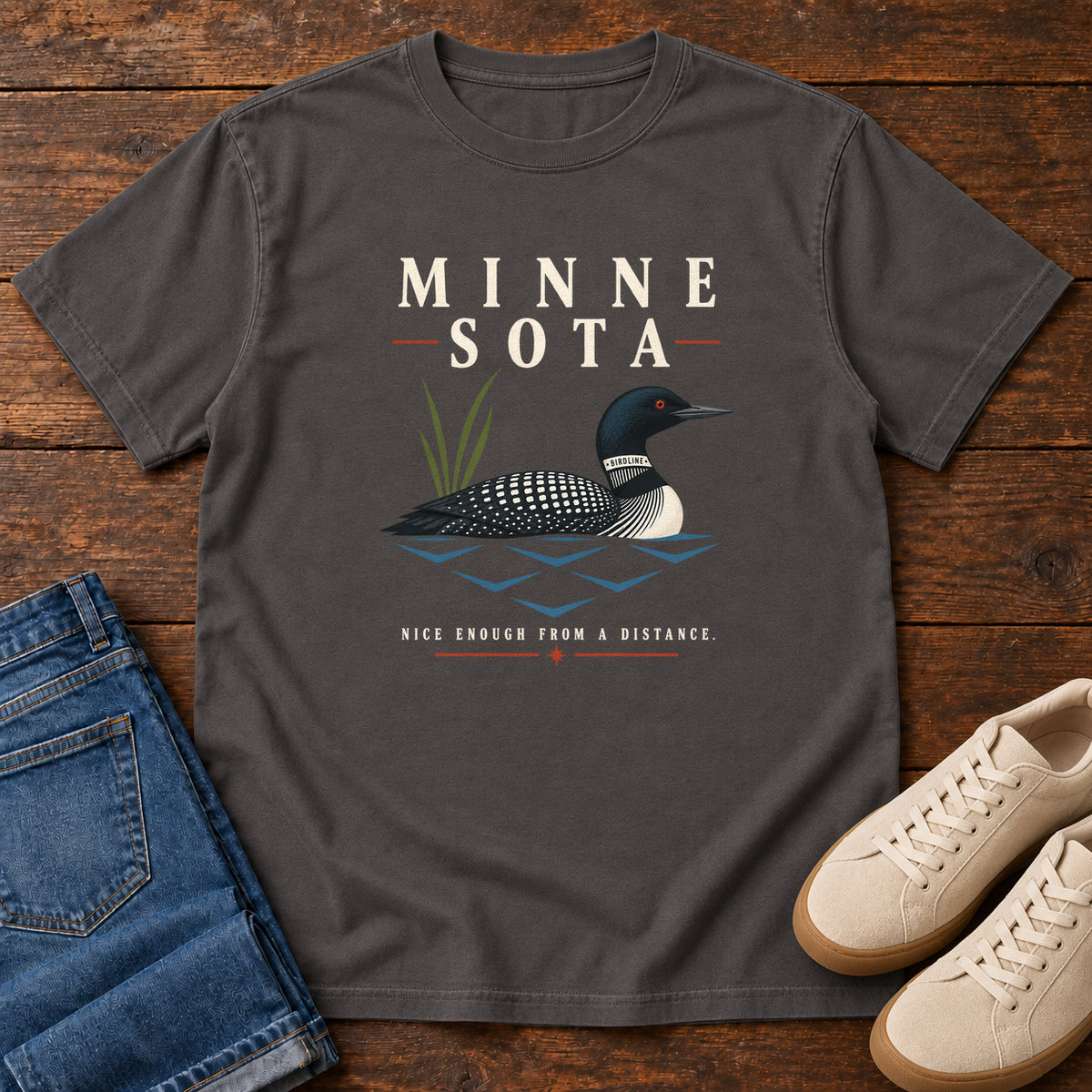 Minnesota Nice Enough from a Distance Loon T-Shirt in Graphite