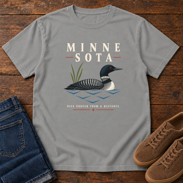 Minnesota Nice Enough from a Distance Loon T-Shirt in Grey, front view