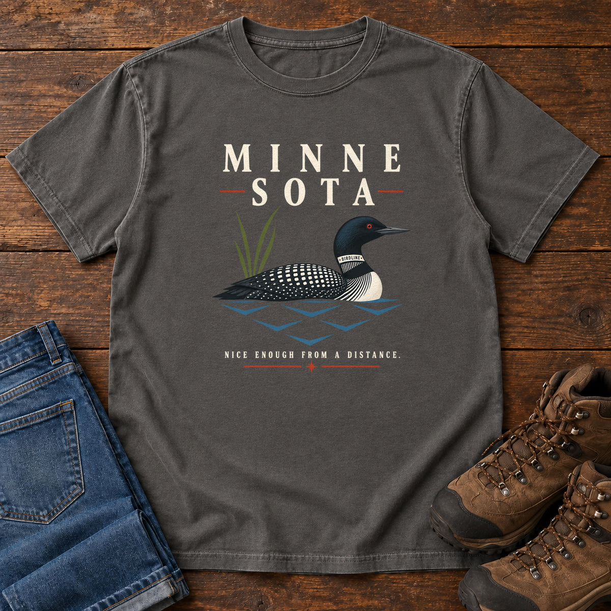 Minnesota Nice Enough from a Distance Loon T-Shirt in Pepper