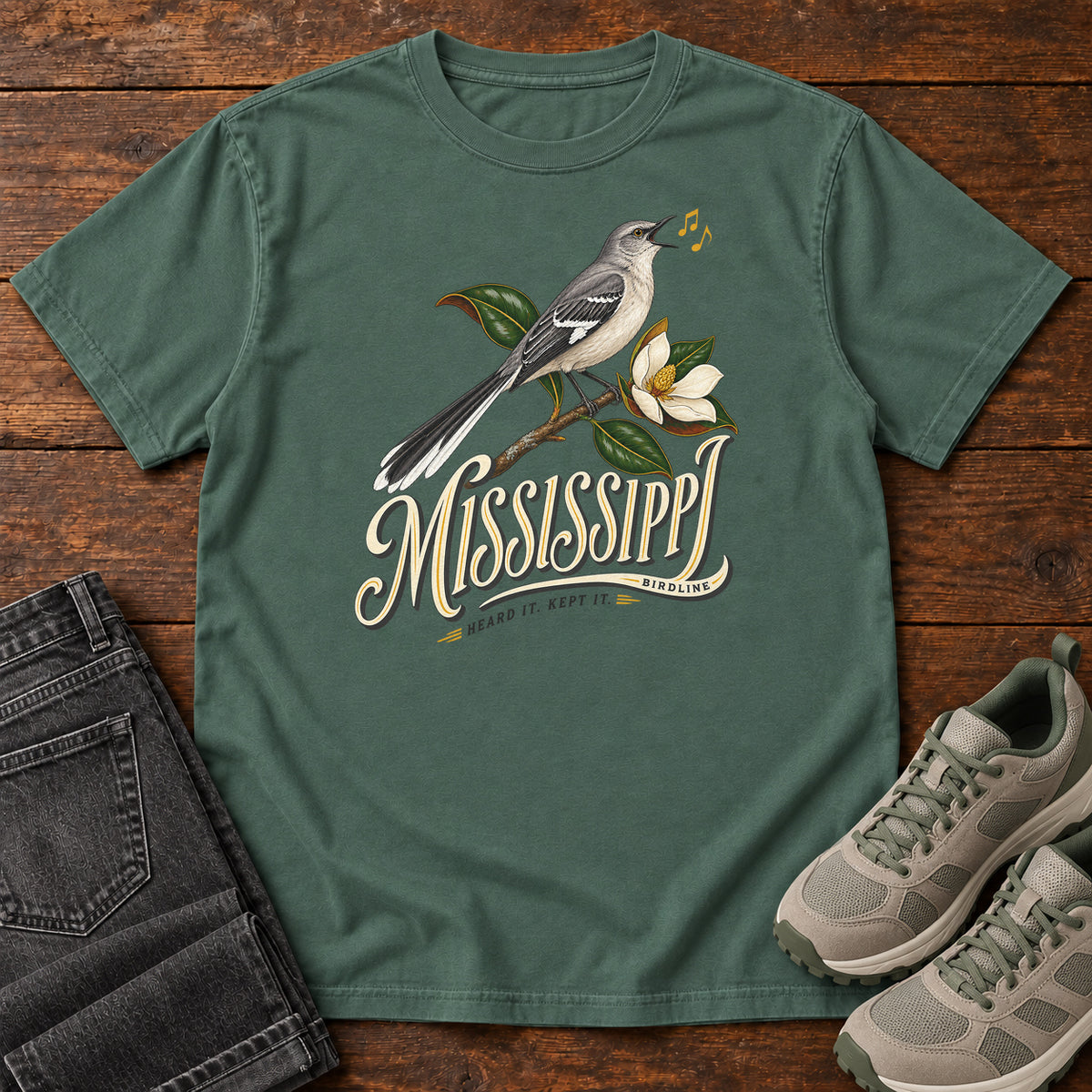 Mississippi Heard It Kept It Mockingbird T-Shirt in Blue Spruce