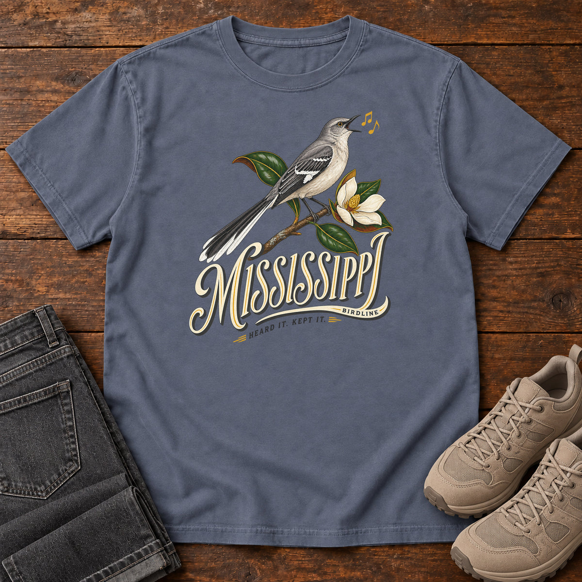 Mississippi Heard It Kept It Mockingbird T-Shirt in Denim