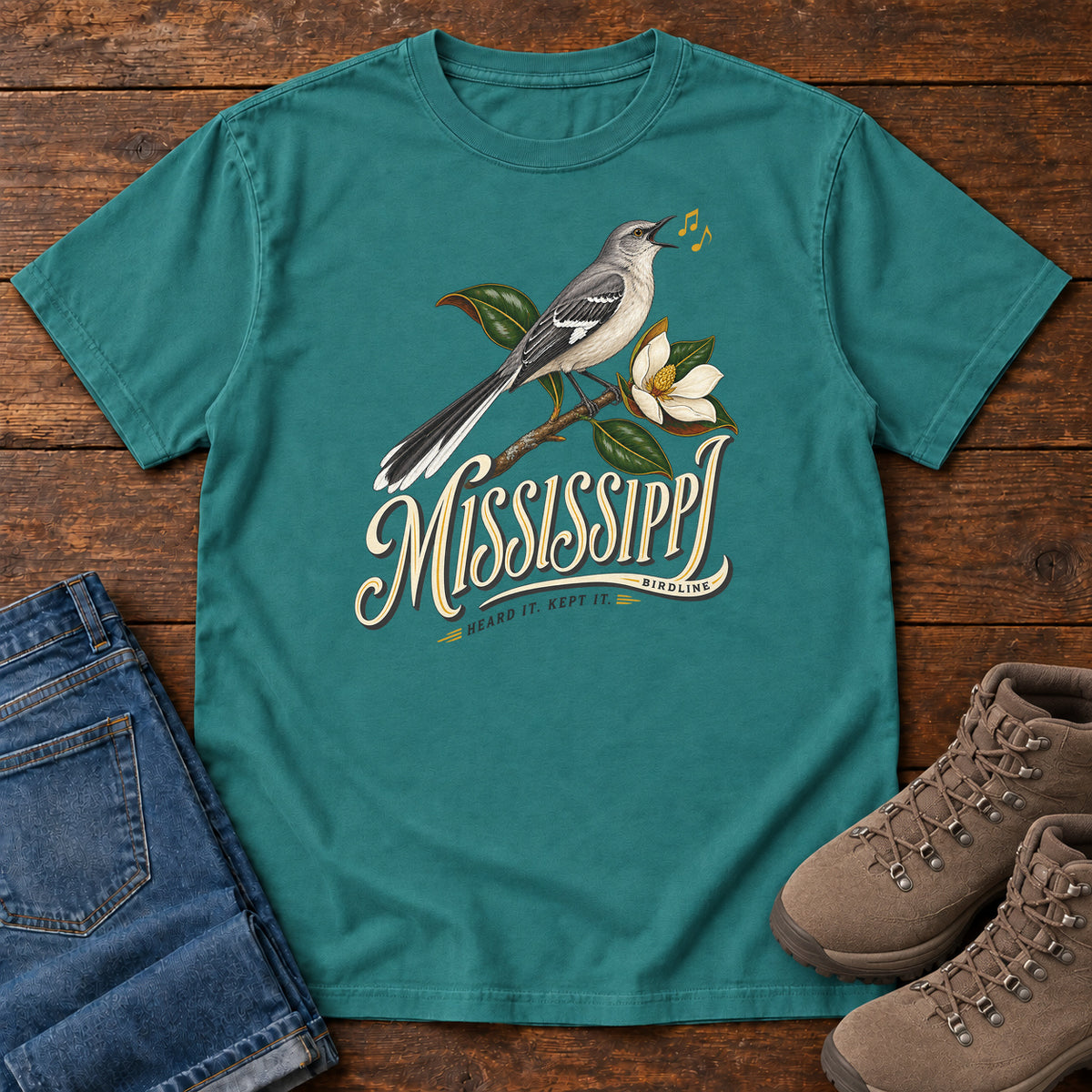 Mississippi Heard It Kept It Mockingbird T-Shirt in Emerald