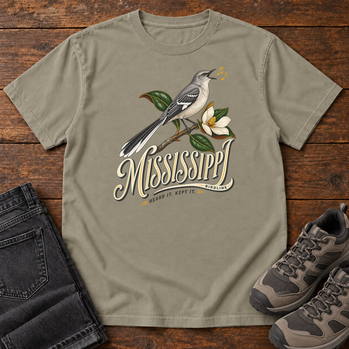 Mississippi Heard It Kept It Mockingbird T-Shirt in Sandstone
