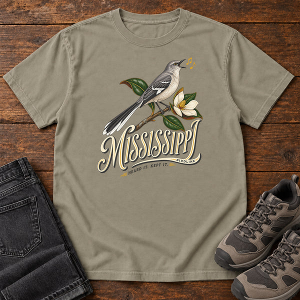 Mississippi Heard It Kept It Mockingbird T-Shirt in Sandstone, front view