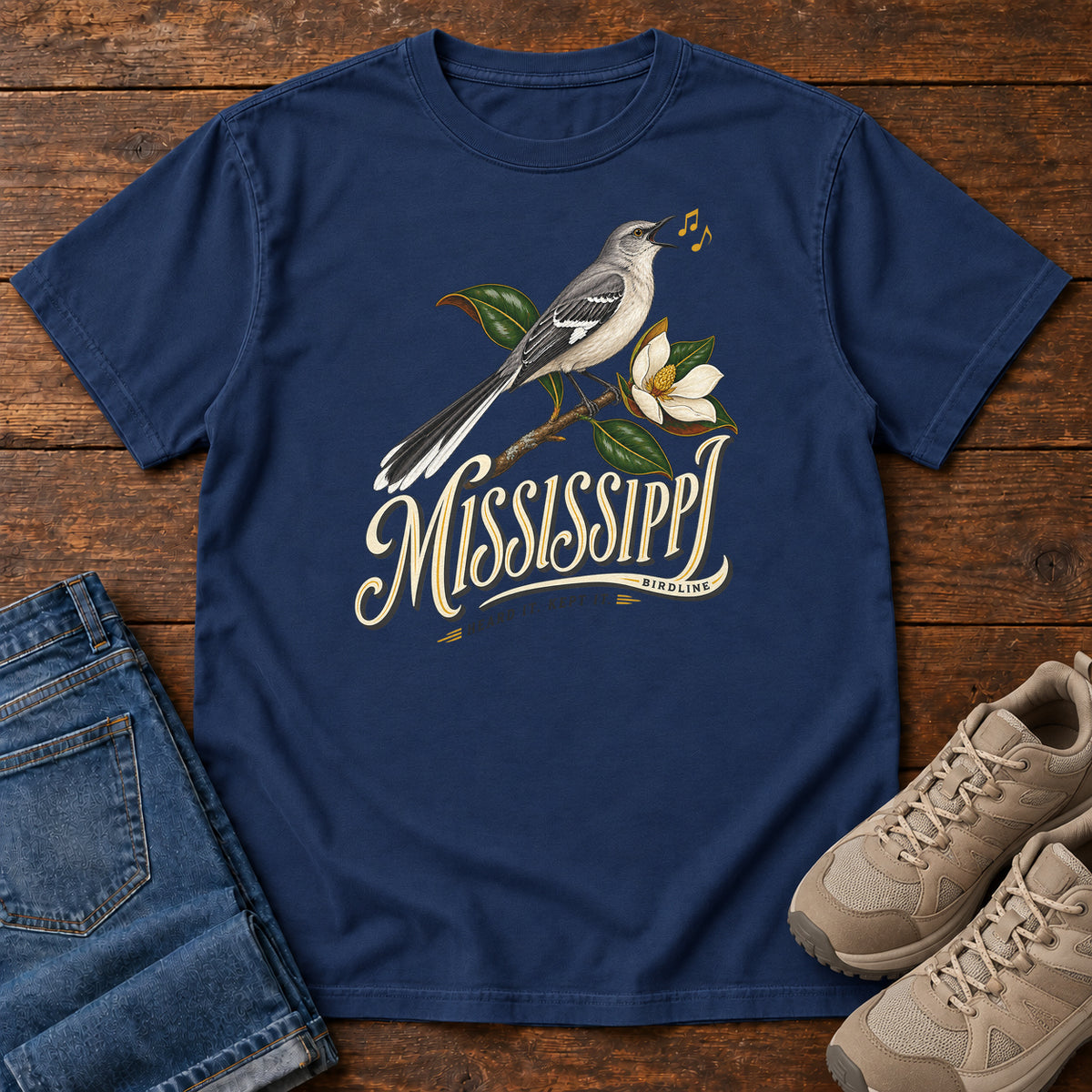 Mississippi Heard It Kept It Mockingbird T-Shirt in True Navy
