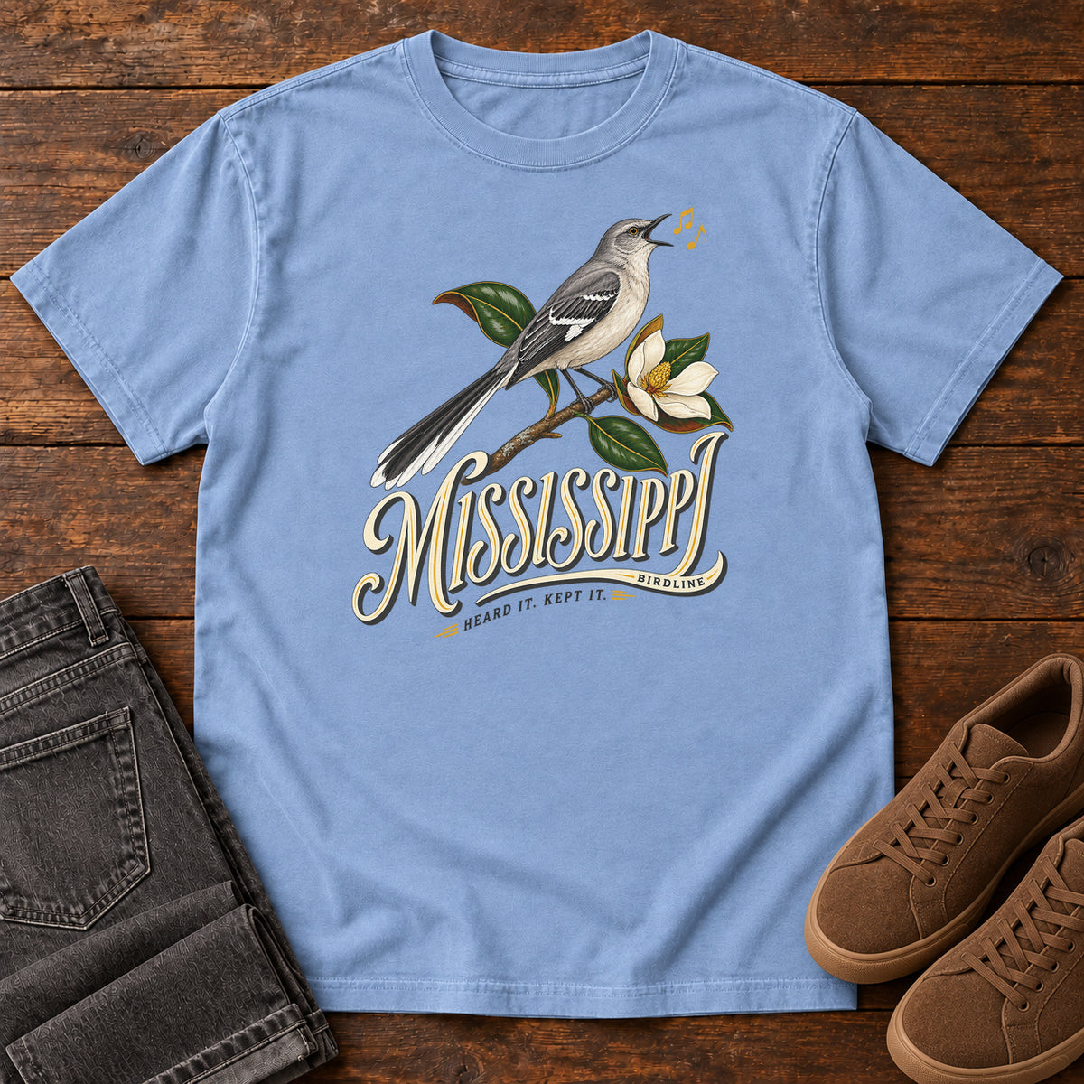 Mississippi Heard It Kept It Mockingbird T-Shirt in Washed Denim