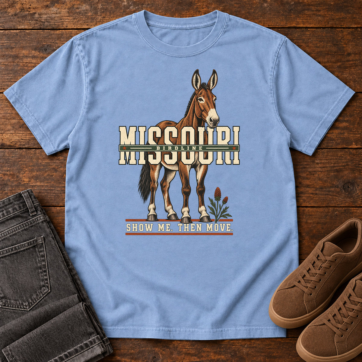 Missouri Show Me Then Move Mule T-Shirt in Washed Denim