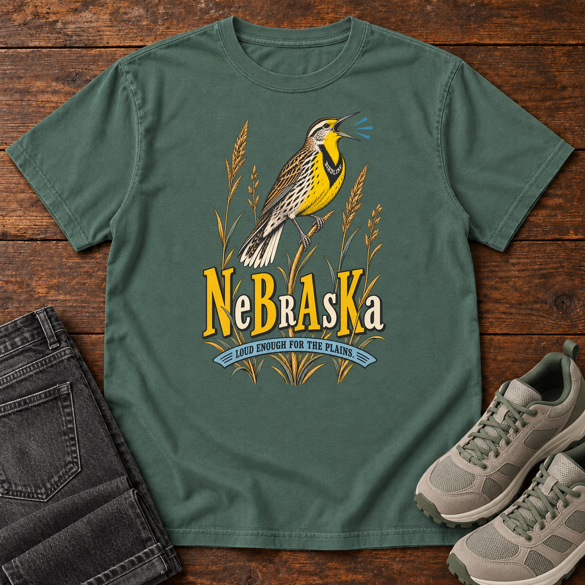 Nebraska Loud Enough for the Plains Meadowlark T-Shirt in Blue Spruce